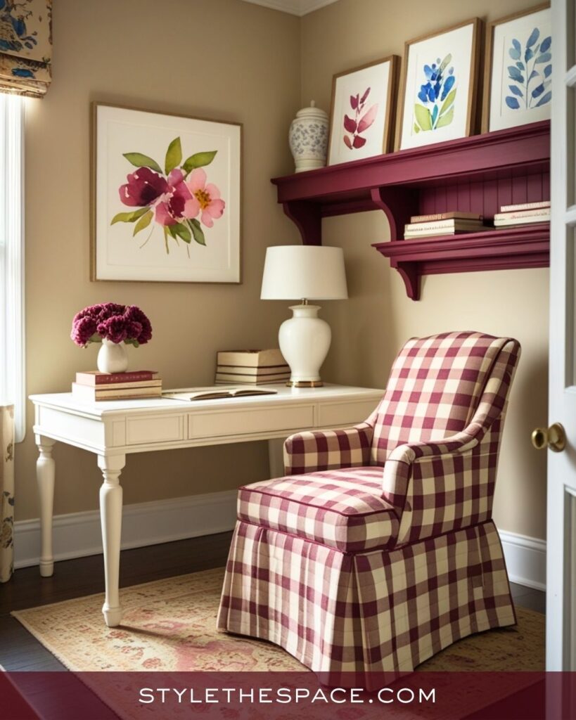 Charming Beige and Burgundy Home Office with Cottage-Inspired Elegance