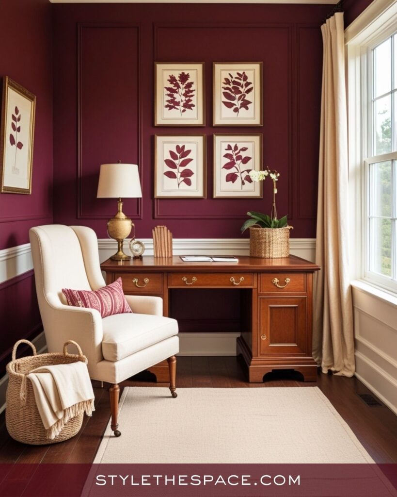Classic Beige and Burgundy Home Office with Timeless Warmth