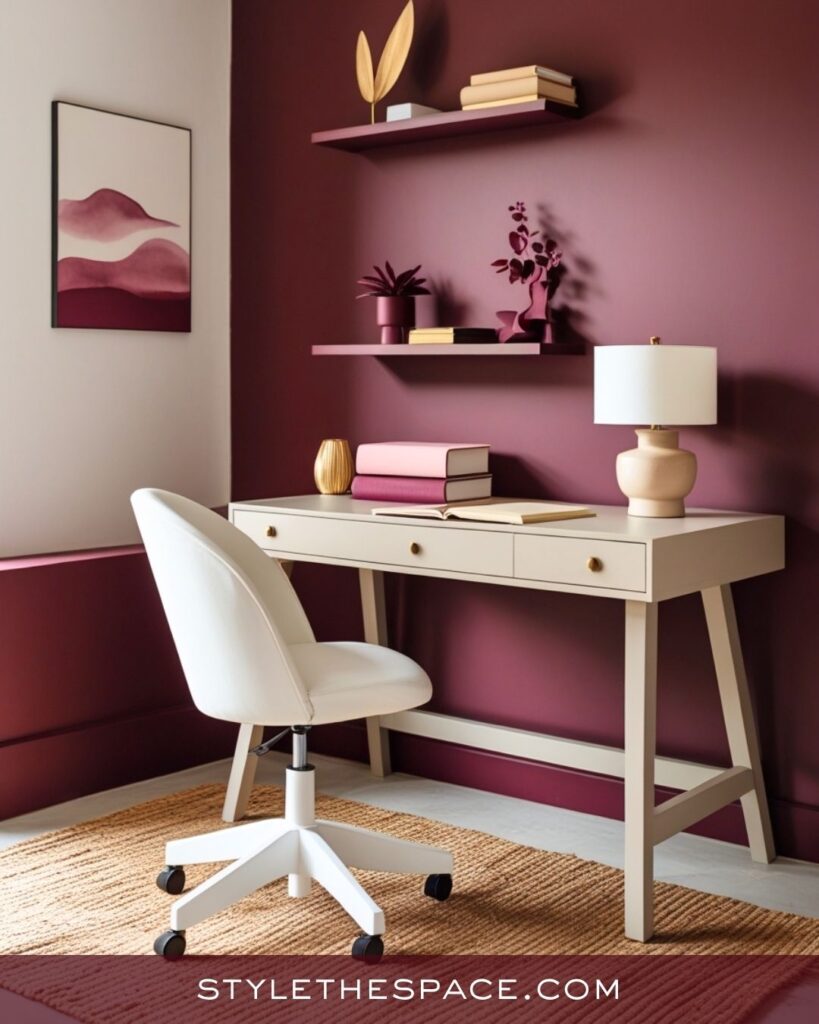 Minimal Beige and Burgundy Home Office with Modern Warmth