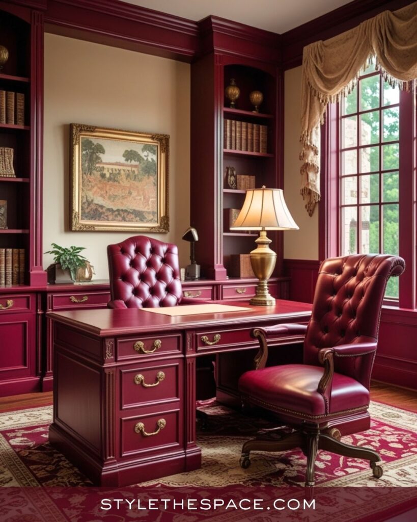 Luxurious Beige and Burgundy Home Office with Classic Elegance