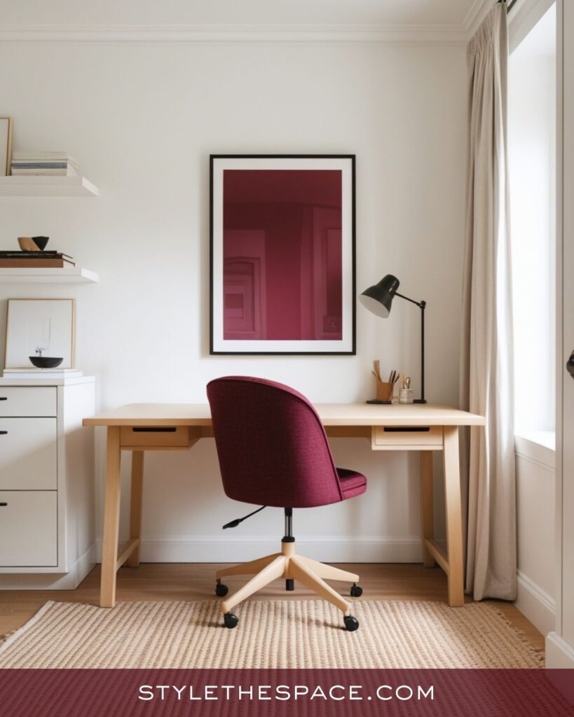 Scandinavian Beige and Burgundy Home Office with Minimal Charm