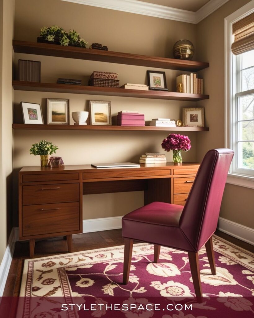 Warm Beige and Burgundy Home Office with Natural Wood Accents