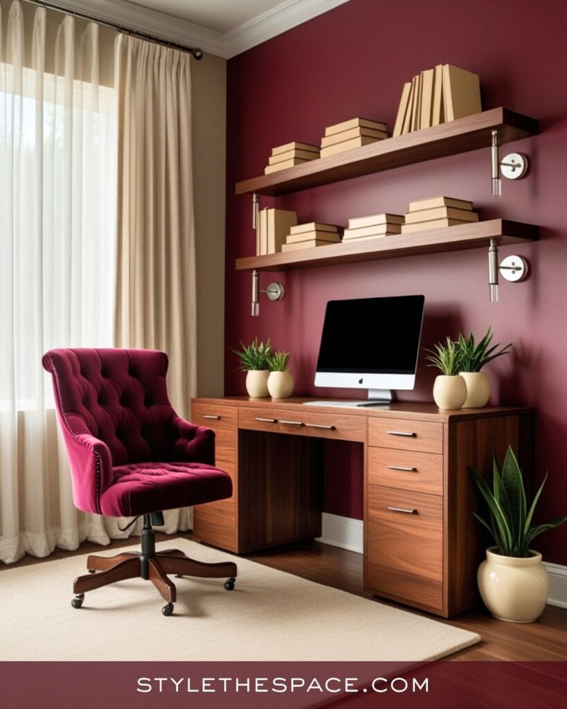 Stylish Beige and Burgundy Home Office with Cozy Contrast