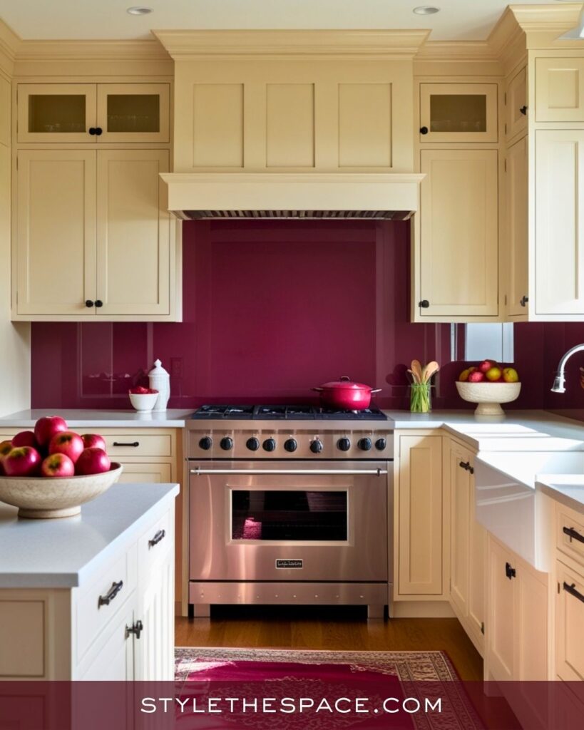 Classic Beige and Burgundy Kitchen with a Warm, Inviting Touch
