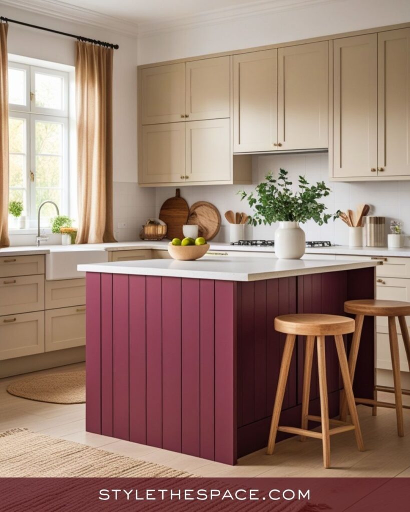 Modern Beige and Burgundy Kitchen with a Clean, Minimal Look