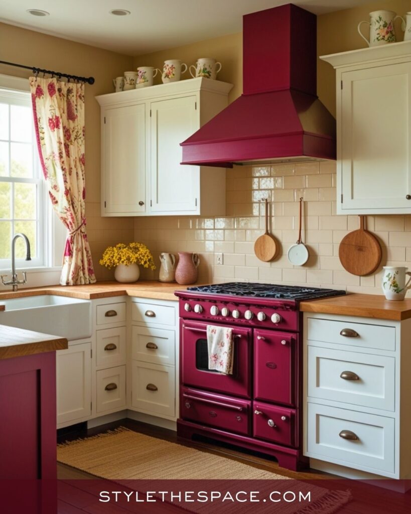 Charming Beige and Burgundy Kitchen with a Vintage Cottage Feel