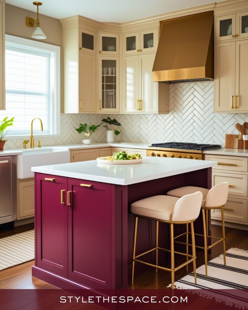 Luxurious Beige and Burgundy Kitchen with Gold Finishes