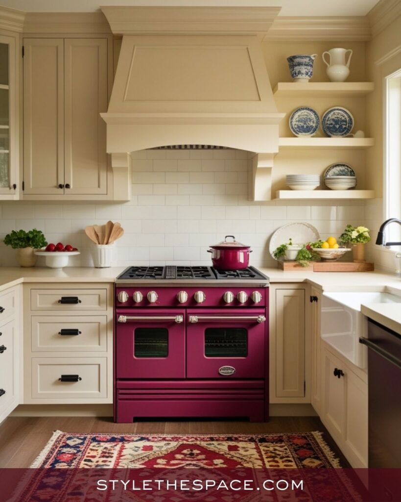 Classic Beige and Burgundy Kitchen with a Touch of Vintage Charm