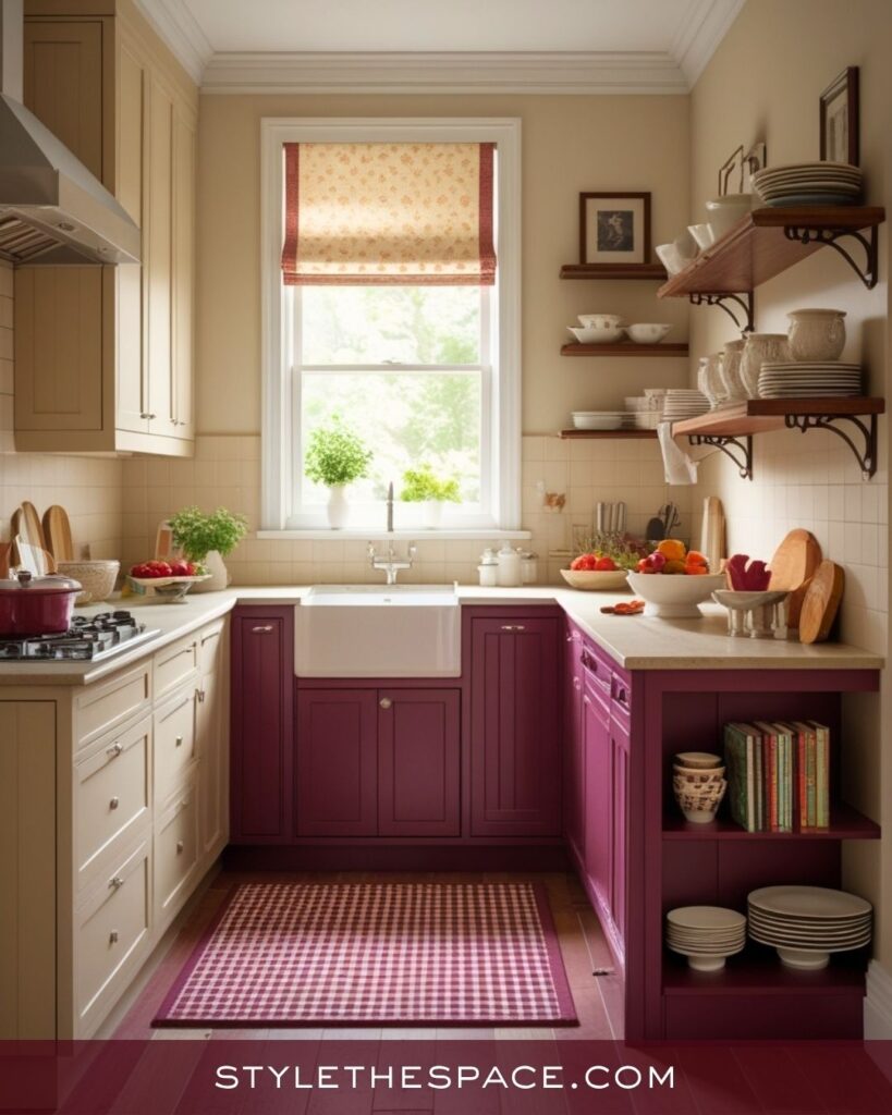 Cozy Beige and Burgundy Kitchen with a Country Cottage Feel