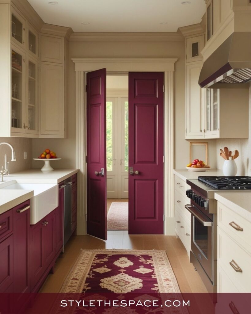Elegant Beige and Burgundy Kitchen with a Bold Accent Door