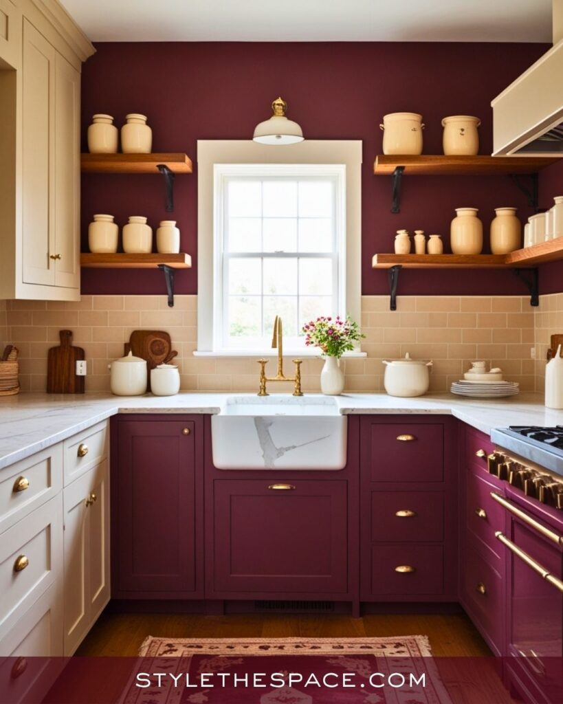 Warm Beige and Burgundy Kitchen with Timeless Farmhouse Charm