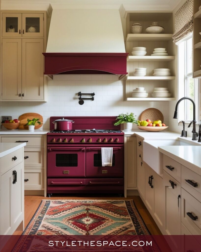 Stylish Beige and Burgundy Kitchen with Modern Farmhouse Charm