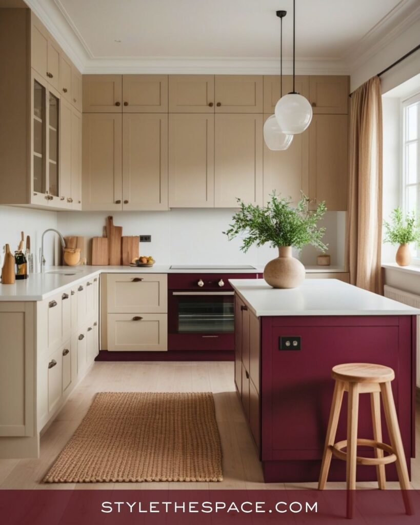 Modern Beige and Burgundy Kitchen with a Minimal Scandinavian Touch