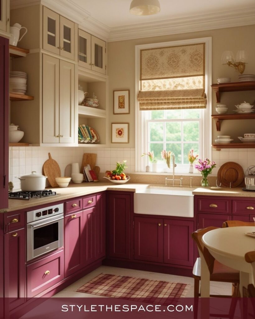 Elegant Beige and Burgundy Kitchen with Traditional Warmth