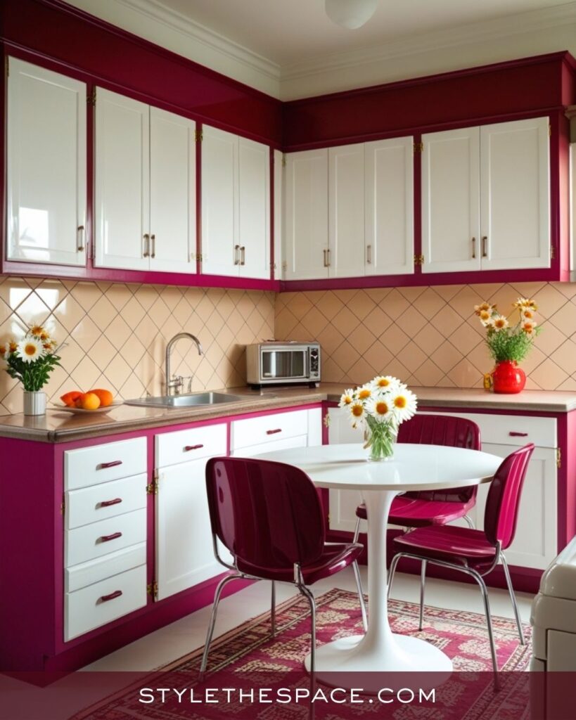 Retro Beige and Burgundy Kitchen with a Playful Modern Twist