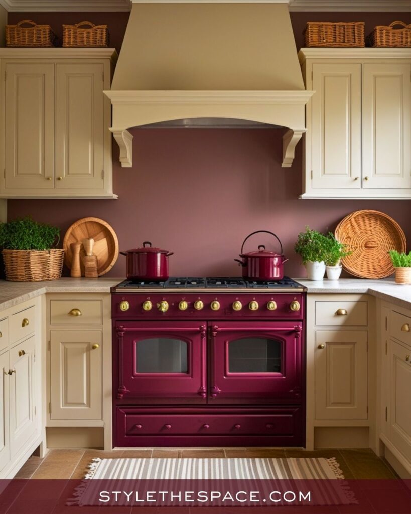 Charming Beige and Burgundy Kitchen with a Vintage Touch