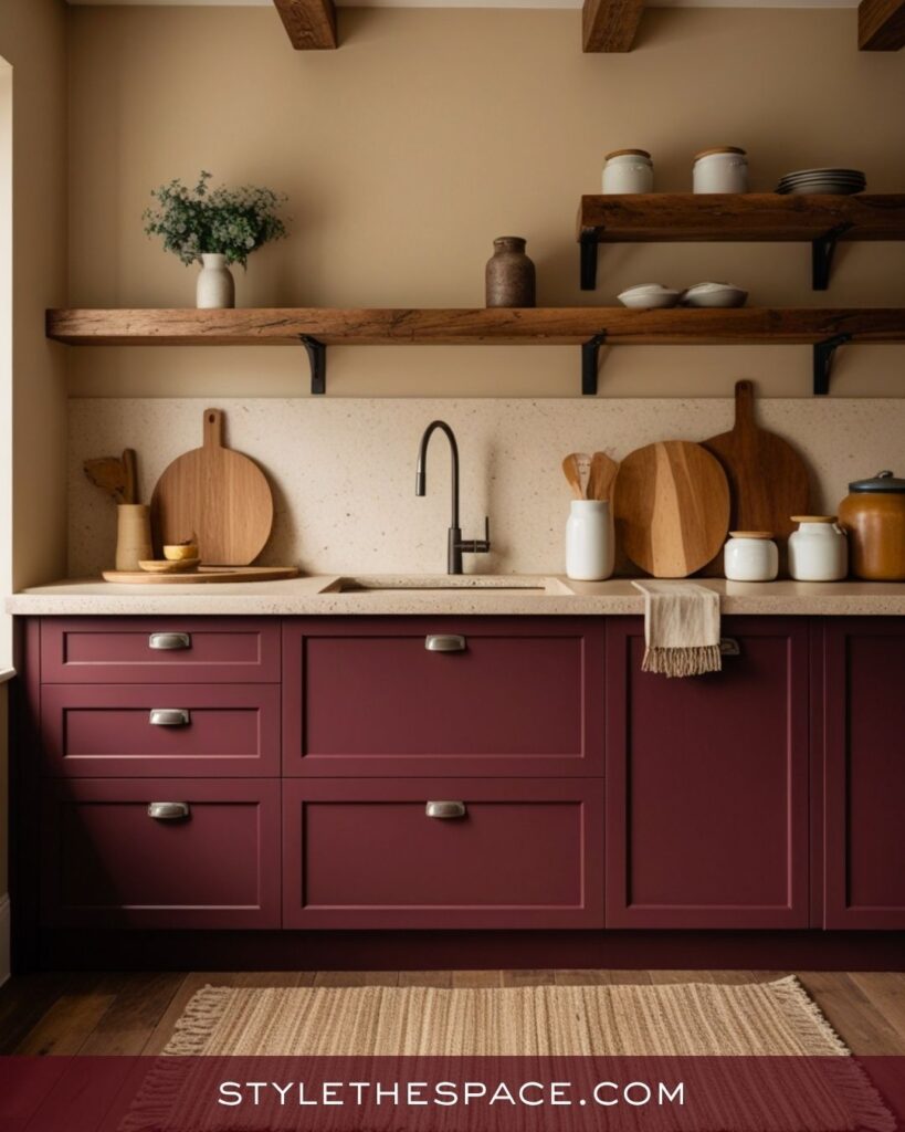 Rustic Beige and Burgundy Kitchen with Natural Wood Accents