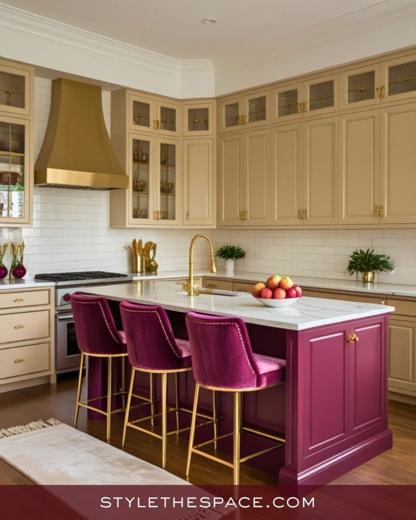 Elegant Beige and Burgundy Kitchen with Gold Accents
