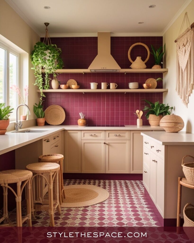 Bohemian Beige and Burgundy Kitchen with Natural Warmth