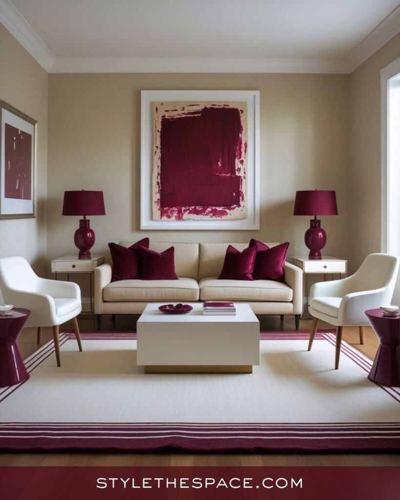 Modern Minimal Beige and Burgundy Living Room