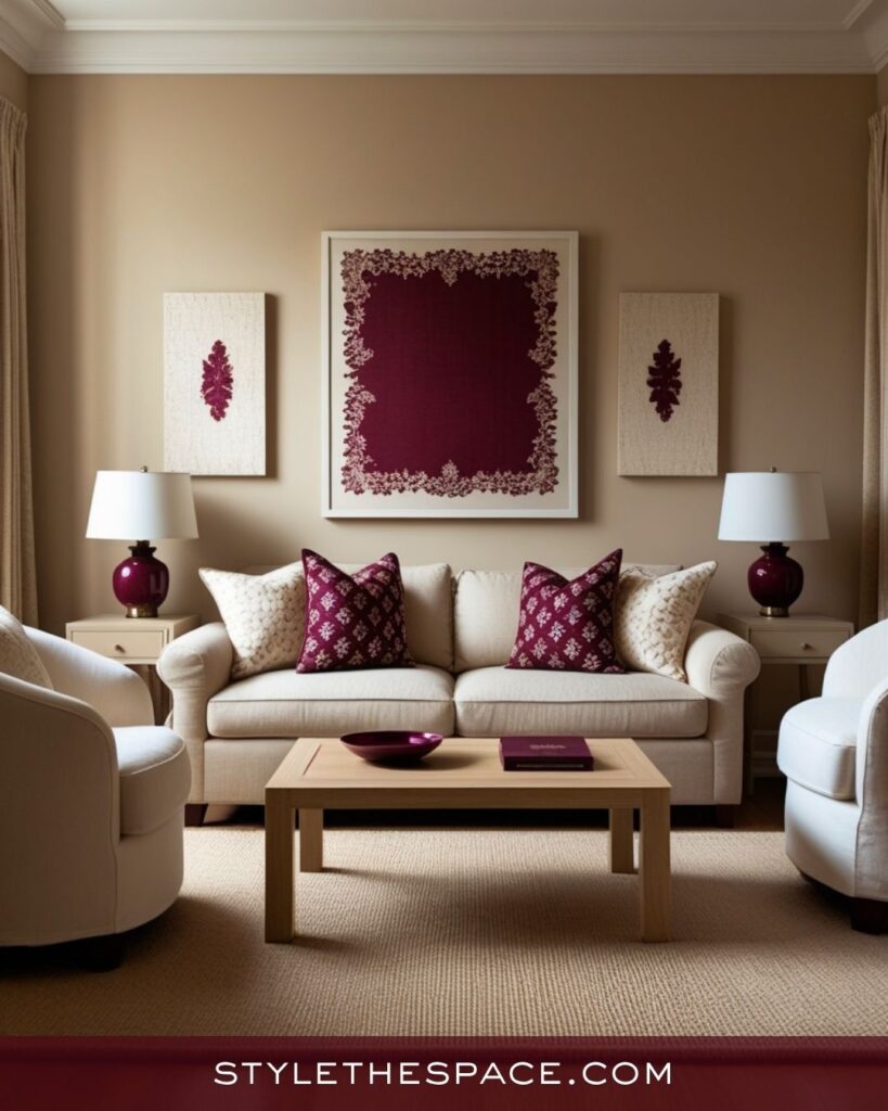 Elegant Beige and Burgundy Living Room Design