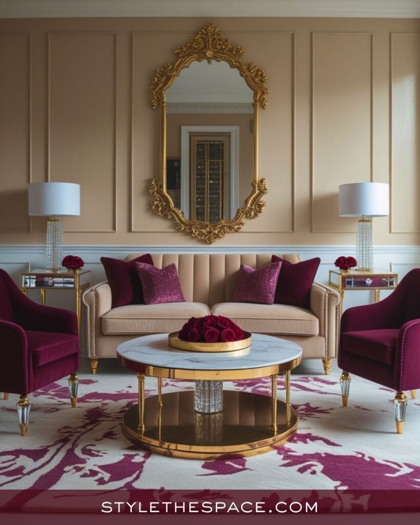 Luxurious Beige and Burgundy Living Room