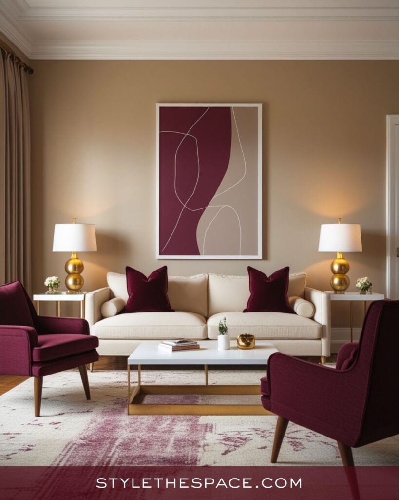 Modern Beige and Burgundy Living Room Elegance