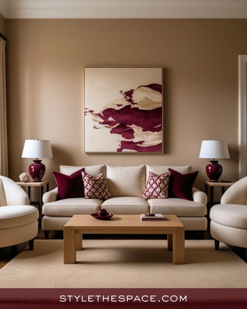 Warm Beige and Burgundy Living Room Design