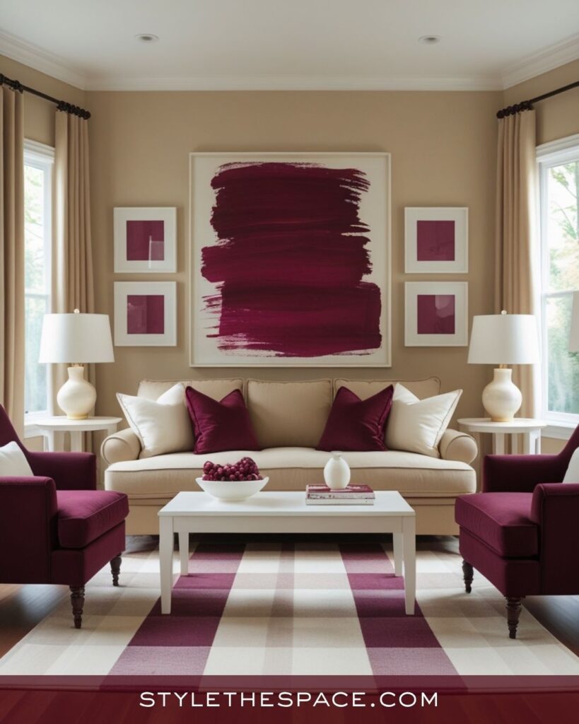 Balanced Beige and Burgundy Living Room Style
