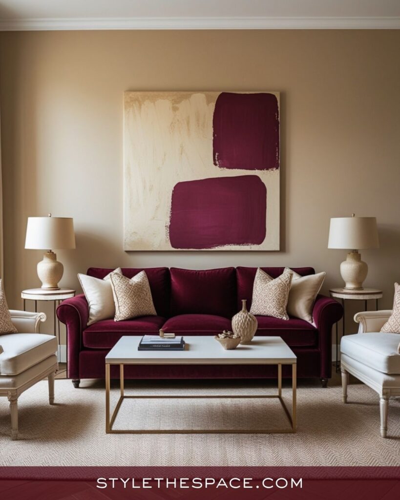Elegant Beige and Burgundy Living Room Design