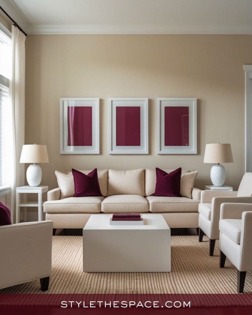 Chic Beige and Burgundy Living Room Design