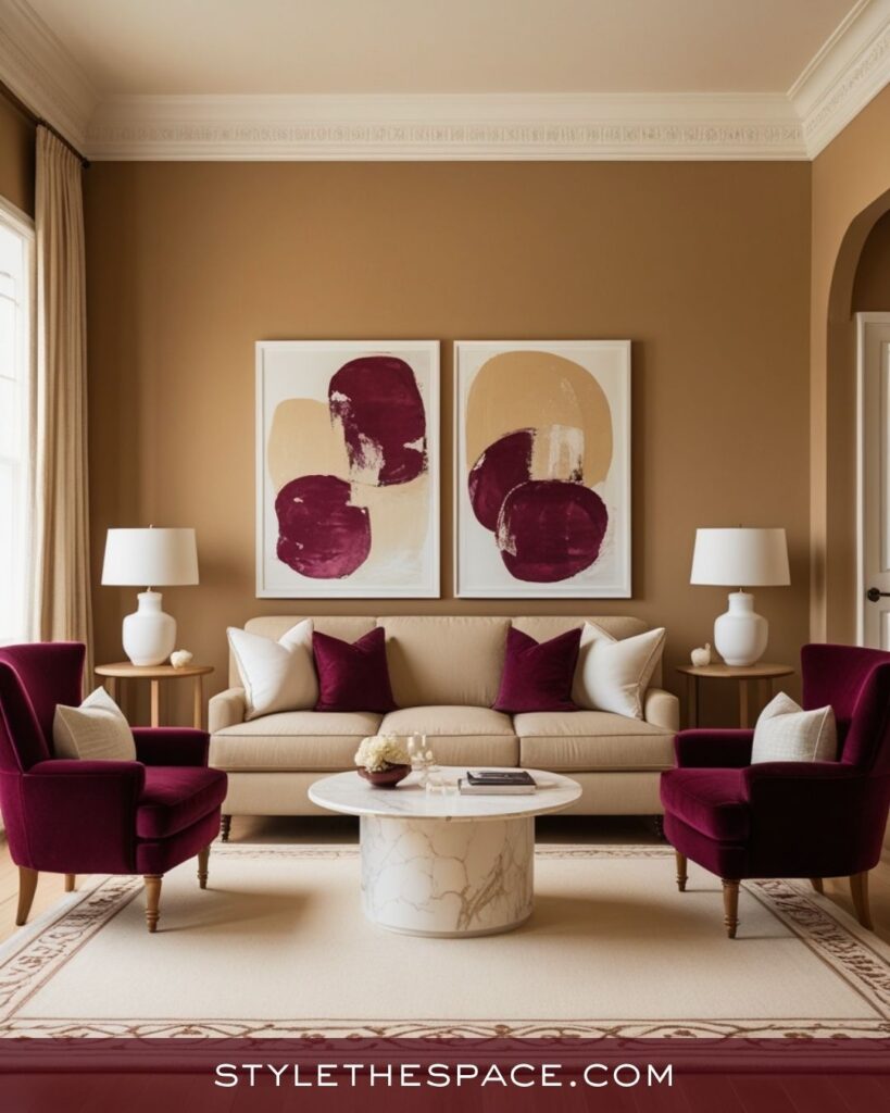 Stylish Beige and Burgundy Living Room Decor