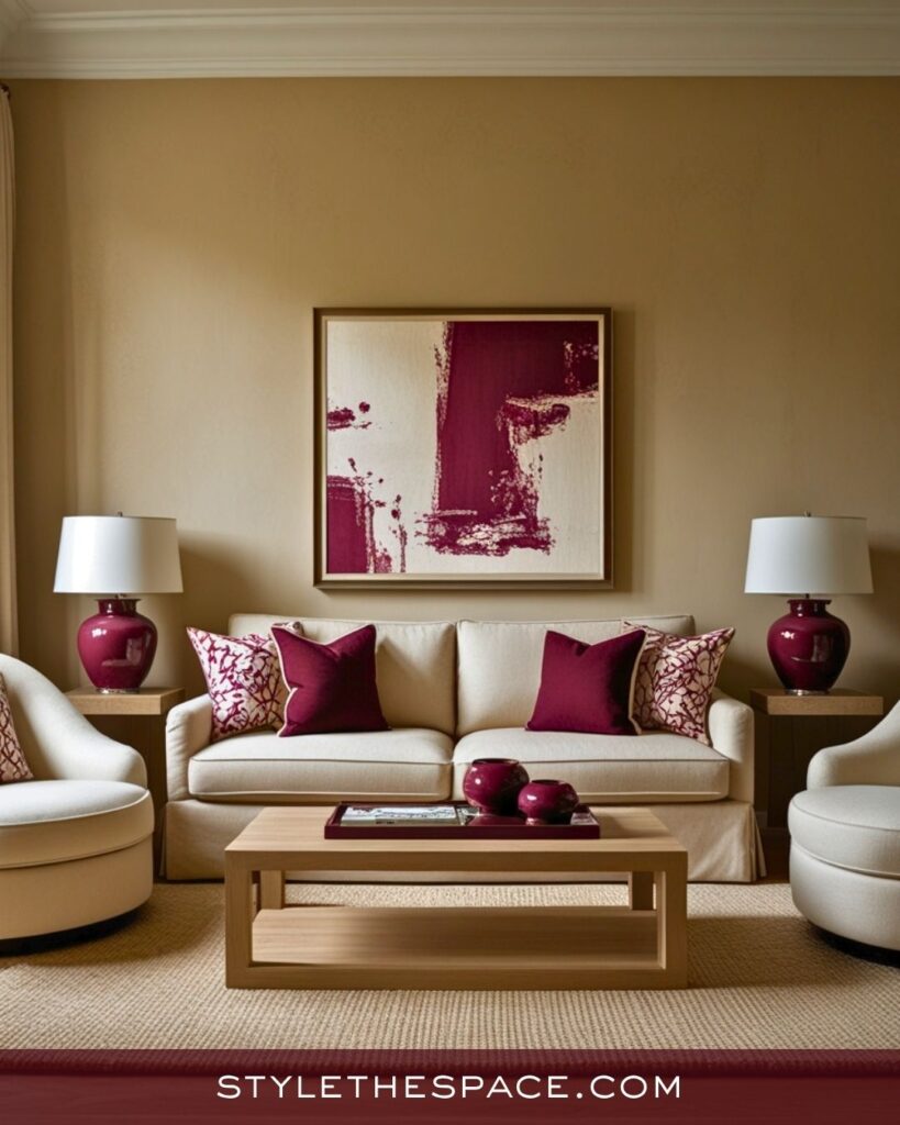 Inviting Beige and Burgundy Living Room Design