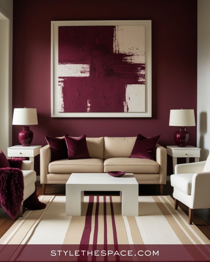 Contemporary Beige and Burgundy Living Room Design