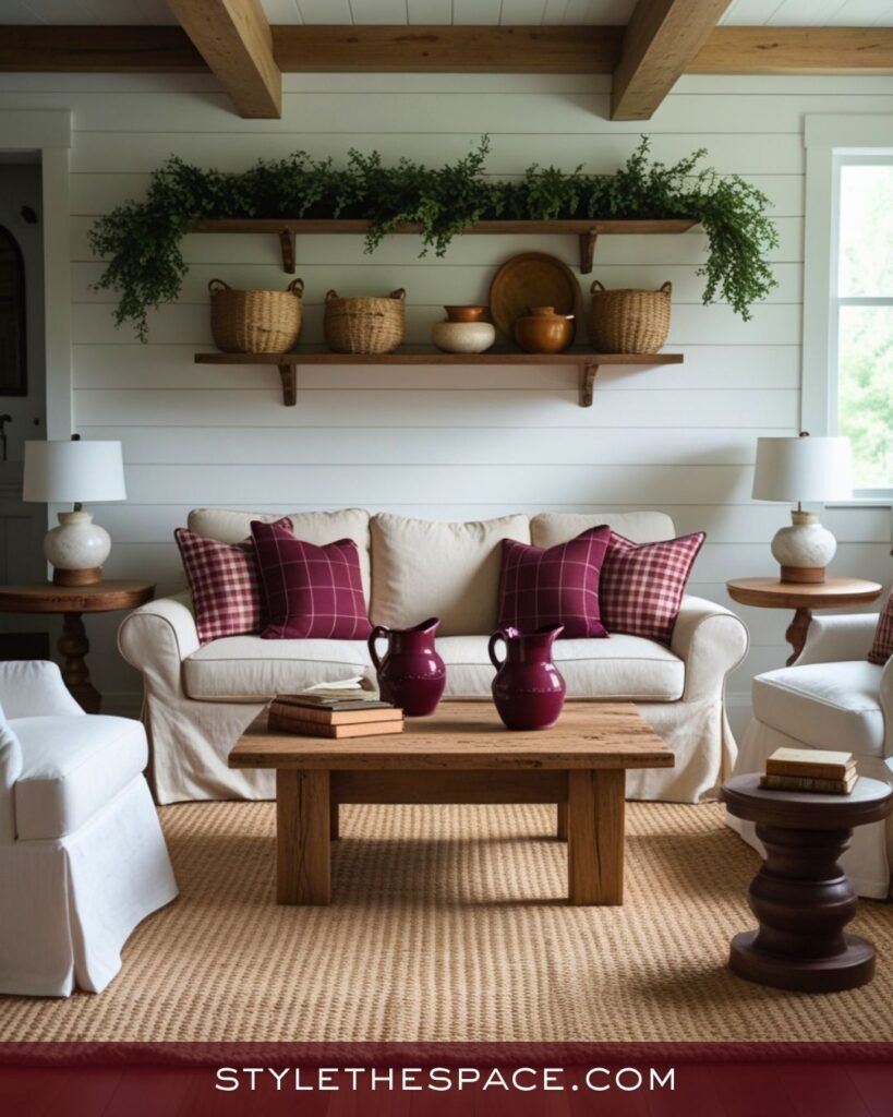 Rustic Beige and Burgundy Living Room Decor