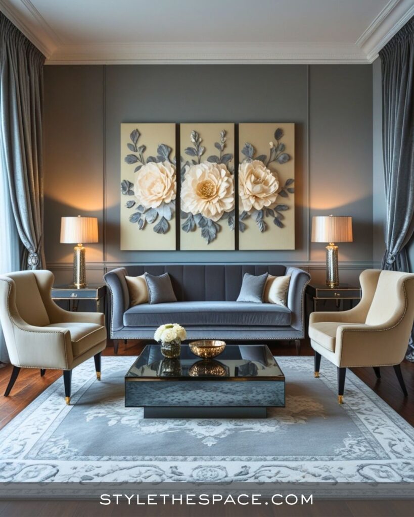 Elegant Beige and Grey Living Room With Statement Floral Art