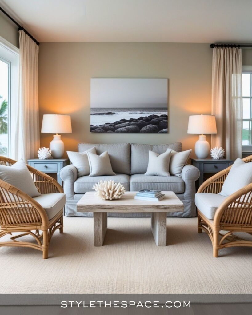 Relaxed Beige and Grey Living Room With a Coastal Touch