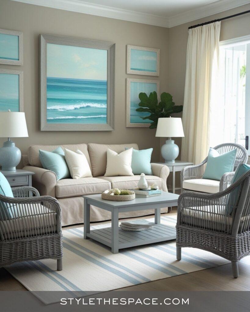 Airy Beige and Grey Living Room With Coastal Blue Accents