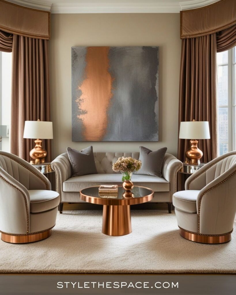 Luxe Beige and Grey Living Room With Warm Copper Accents
