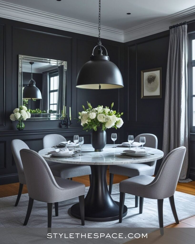 black, white and gray dining room