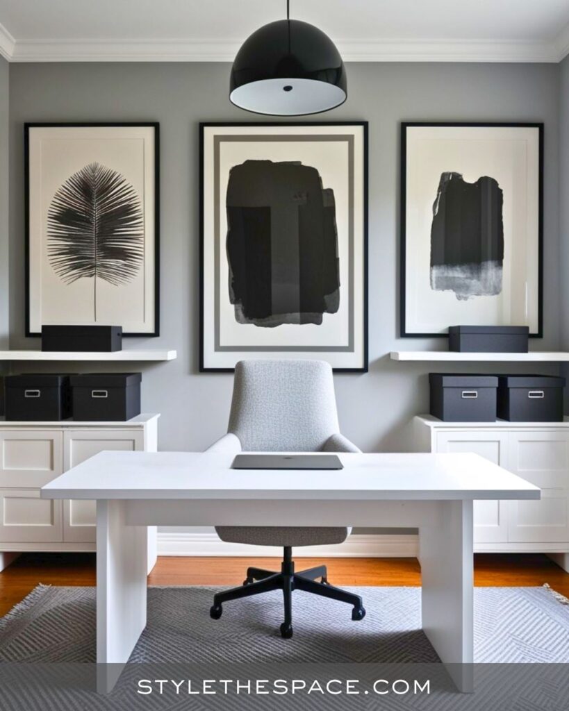 black, white and gray home office