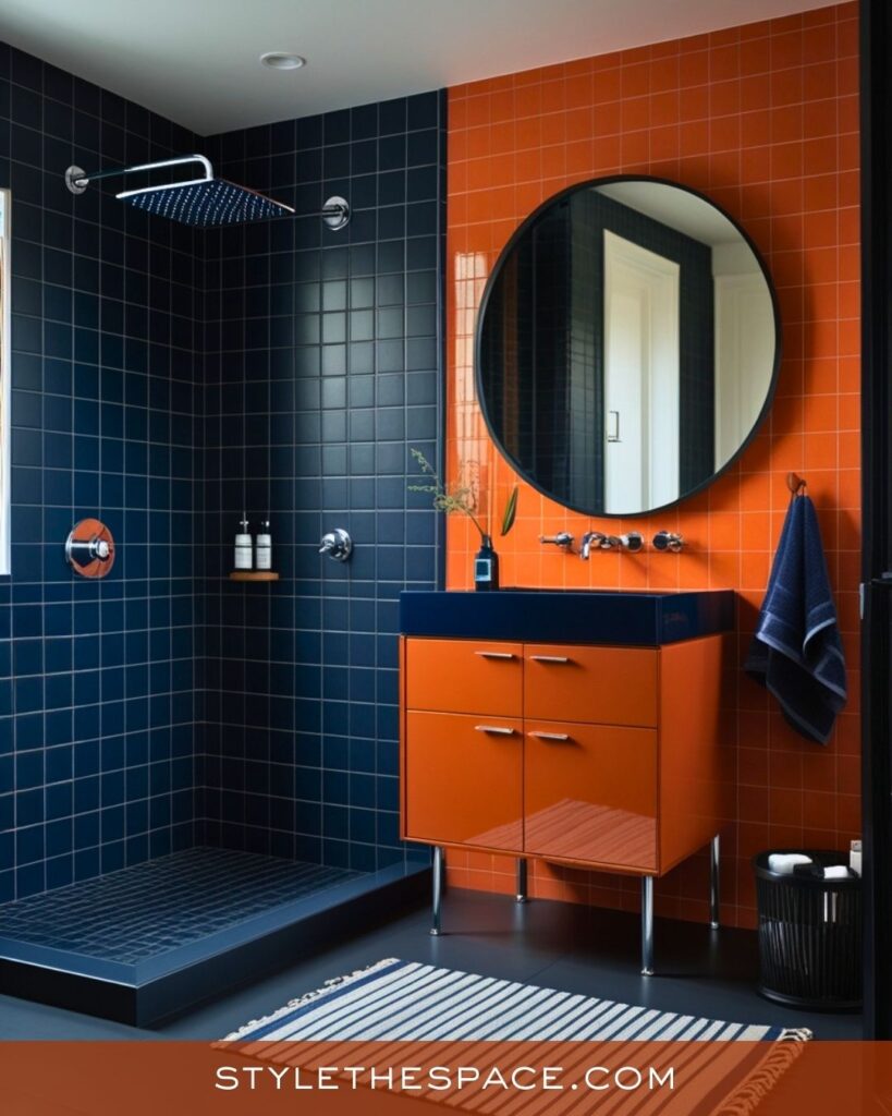 Modern Burnt Orange and Navy Tile Bathroom