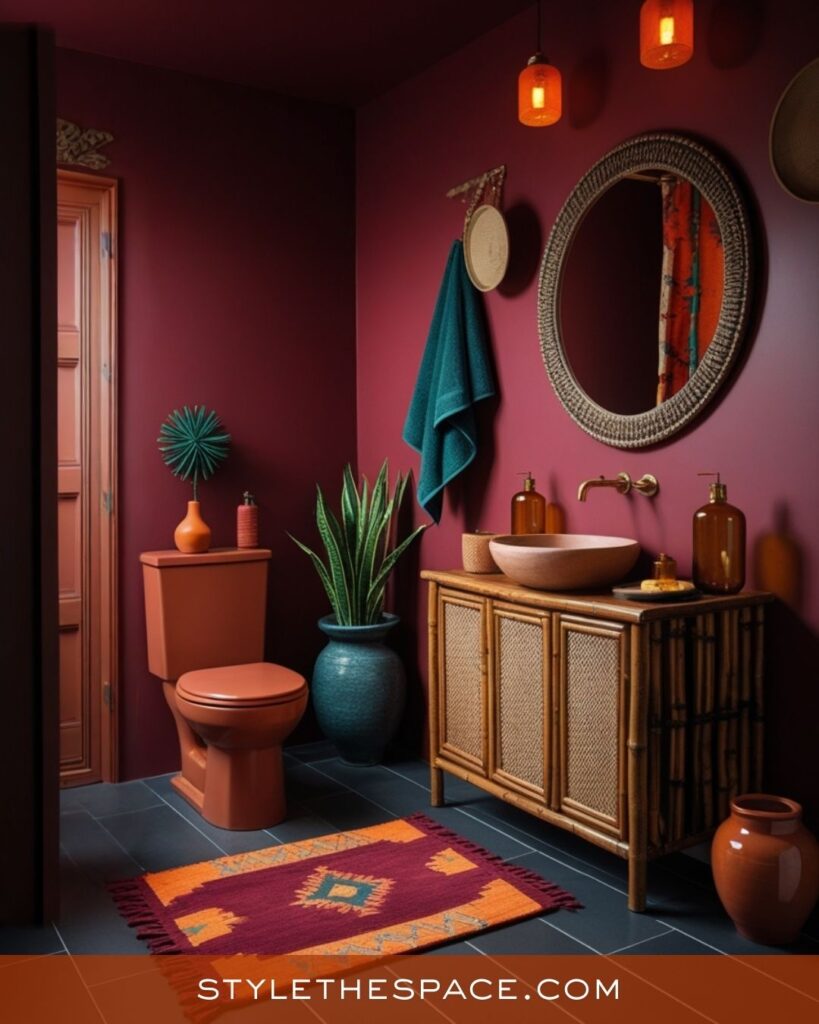 Moody Burnt Orange and Burgundy Bathroom