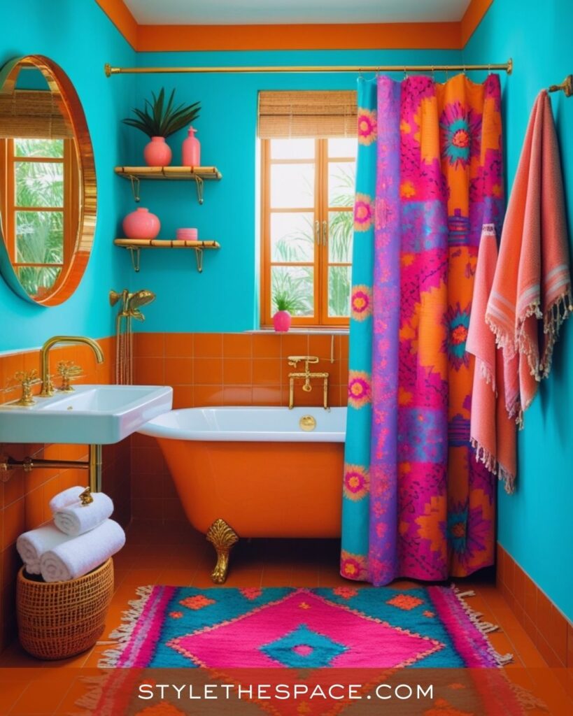 Vibrant Burnt Orange and Turquoise Bathroom
