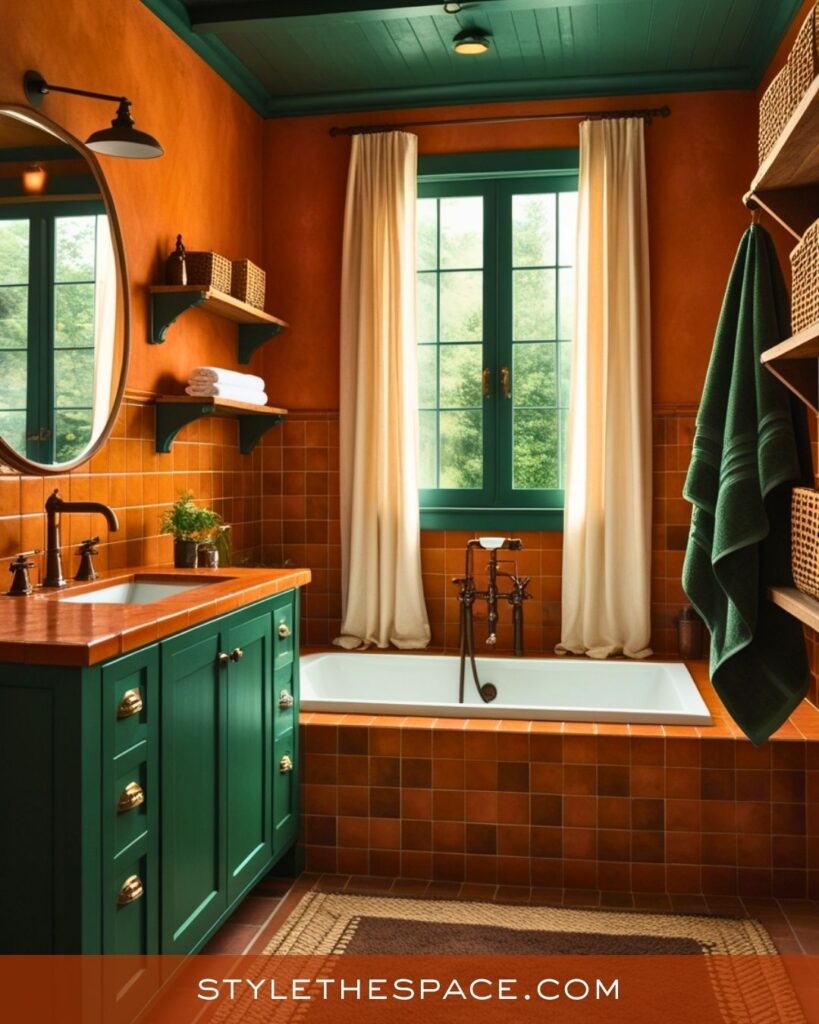 Rustic Burnt Orange and Deep Green Bathroom