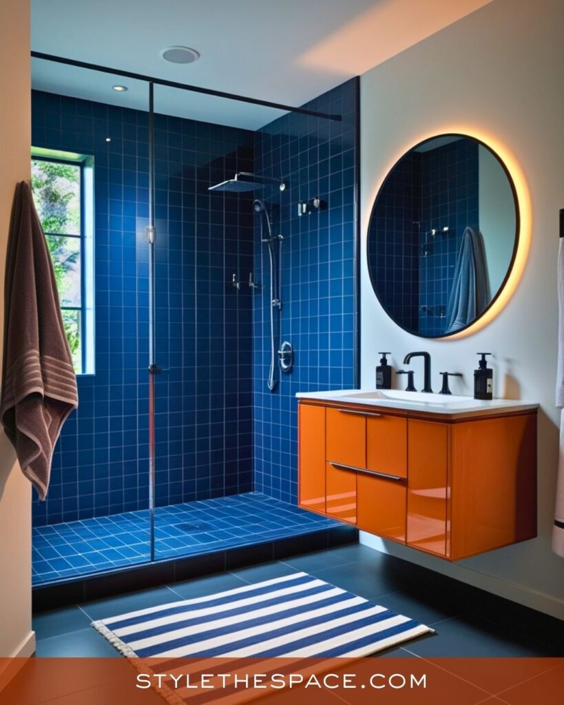 Modern Burnt Orange and Navy Blue Bathroom