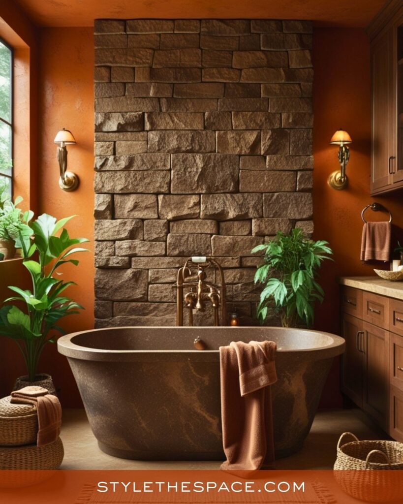 Earthy Burnt Orange and Stone Bathroom