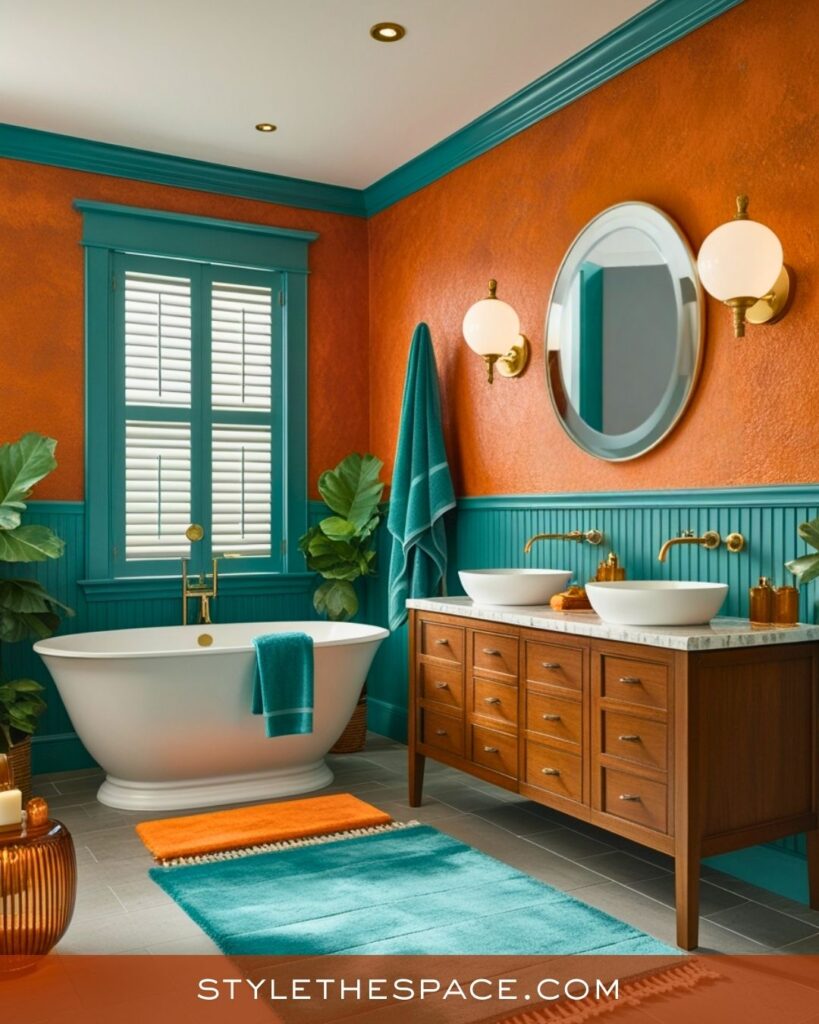 Fresh Burnt Orange and Teal Bathroom Look
