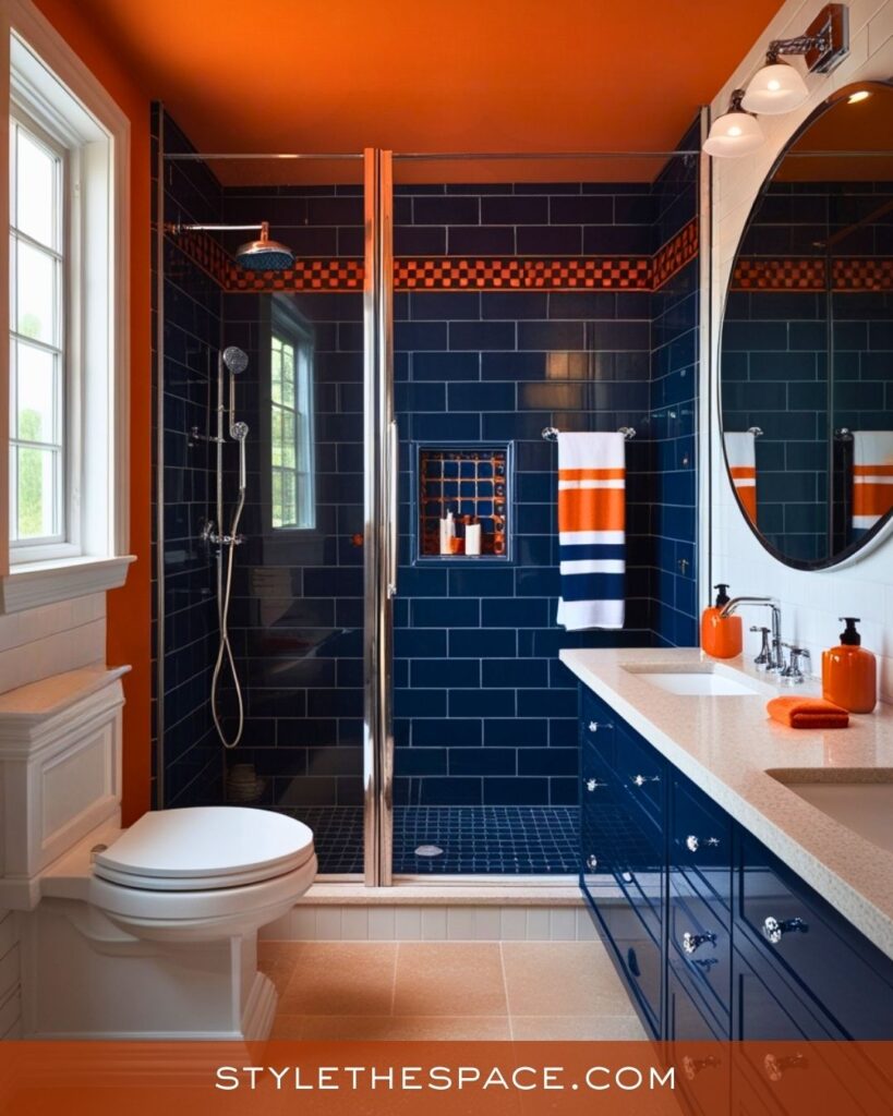 Modern Burnt Orange and Navy Bathroom