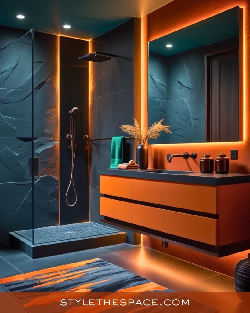 Sleek Burnt Orange and Charcoal Bathroom
